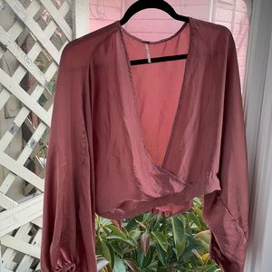 free people silk crop top w balloon sleeves